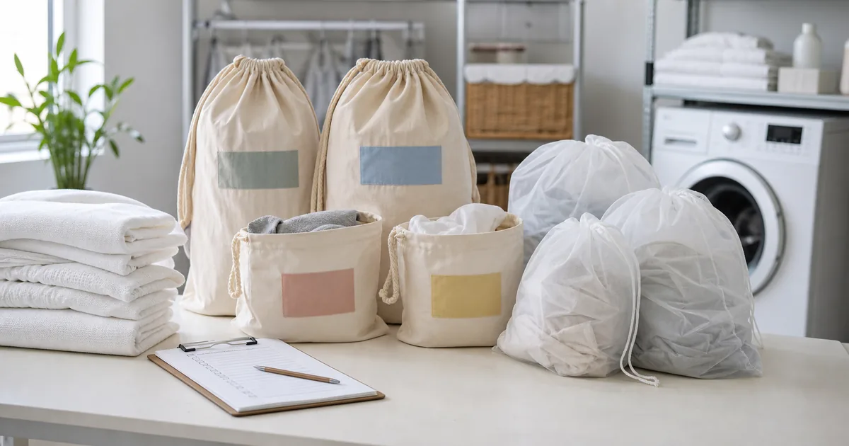 Bolsas textiles reutilizables y bolsas transparentes para clasificar ropa en lavandería
