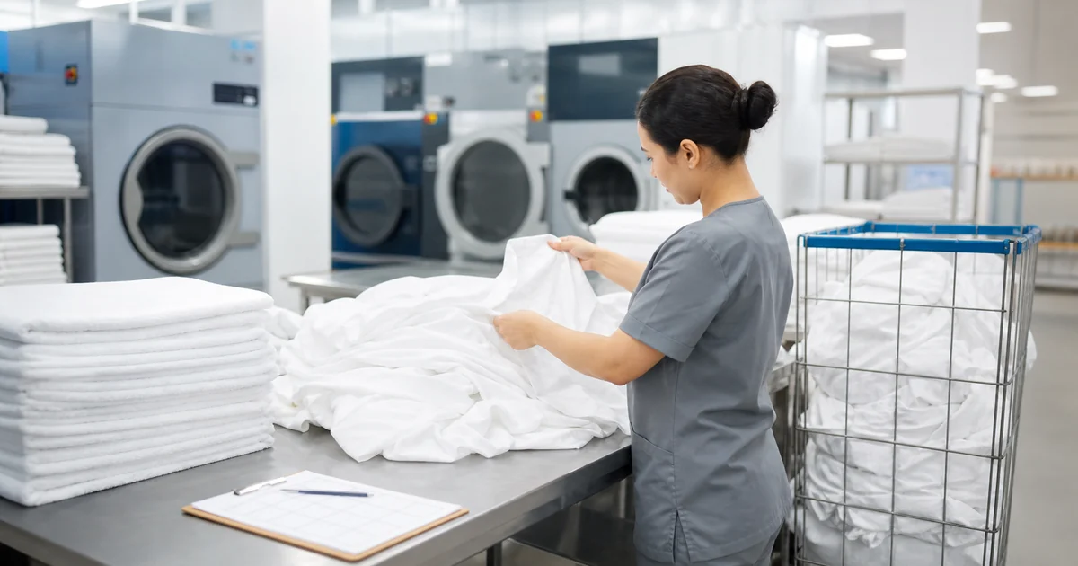 Operaria revisando ropa blanca en una lavandería industrial limpia antes del acabado