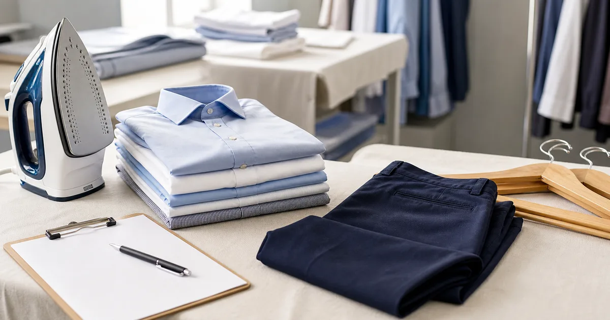 Camisas, pantalón, plancha y hoja de cálculo para comparar precio de planchado por prenda