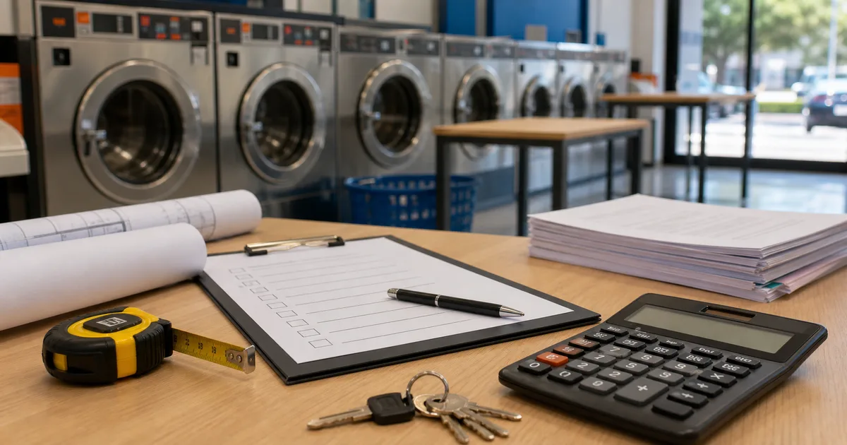 Checklist, calculadora y plano sobre una mesa para preparar un proyecto de lavandería autoservicio