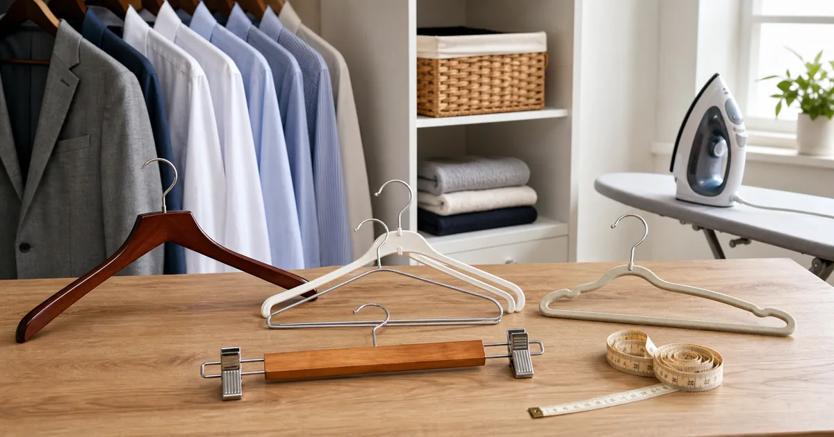 Perchas de madera, plástico, metal y pinzas con cinta métrica para comparar medidas y usos